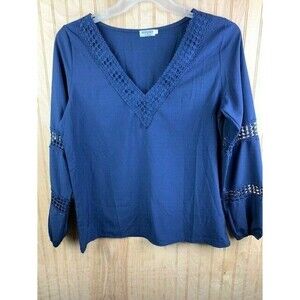 Hount Size Small Womens Top Dark Blue Long Sleeve Embroidery V Neck